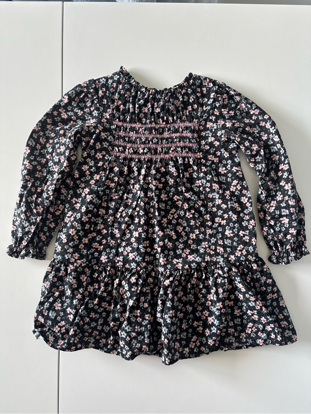 Zara Black Floral Smocked Long-Sleeve Dress